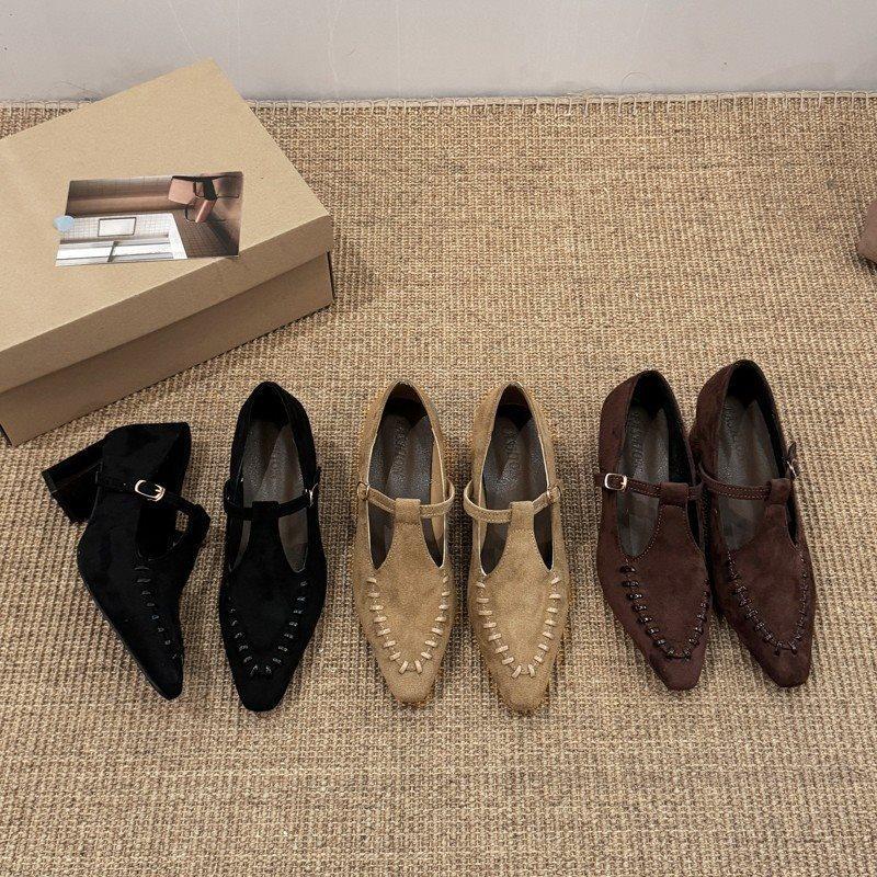 New Pointed High-heeled Retro Mary Jane Shoes Suede French Skirt 2025 Single Shoes Women's Shoes Thick Heel with Autumn