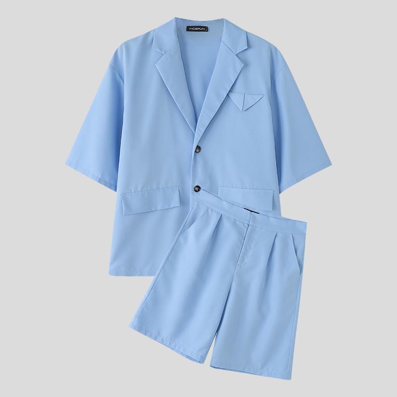 

INCERUN Мужской костюм из двух частей Рубашки с коротким рукавом Застежка-молния Полушорты Комплекты 5XL синий