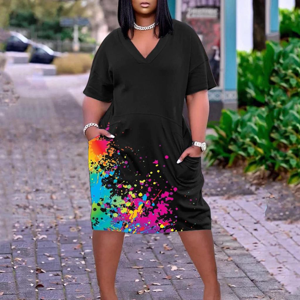 2022 Women's Summer Plus Size V Neck Short Sleeve Knee Pocket Casual Dress