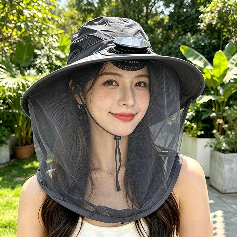 UV Protection Mosquito Head Net Hat With Net Mesh Fishing Bucket Hat Fashion Solar Fan Hat  Camping