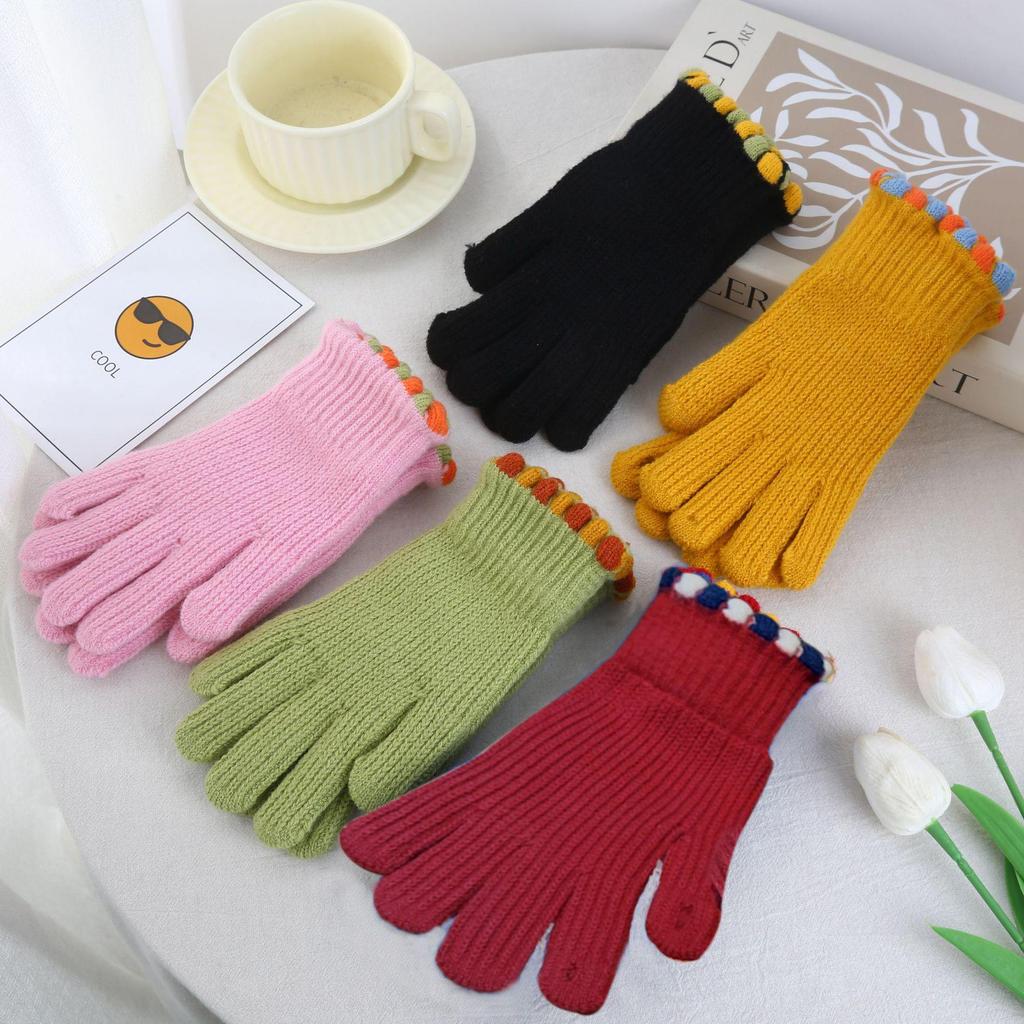 Women's Korean Style Wool Knitted Fingerless Touchscreen Cycling Gloves - Small Sugar Beans, Solid Color, Winter Warm