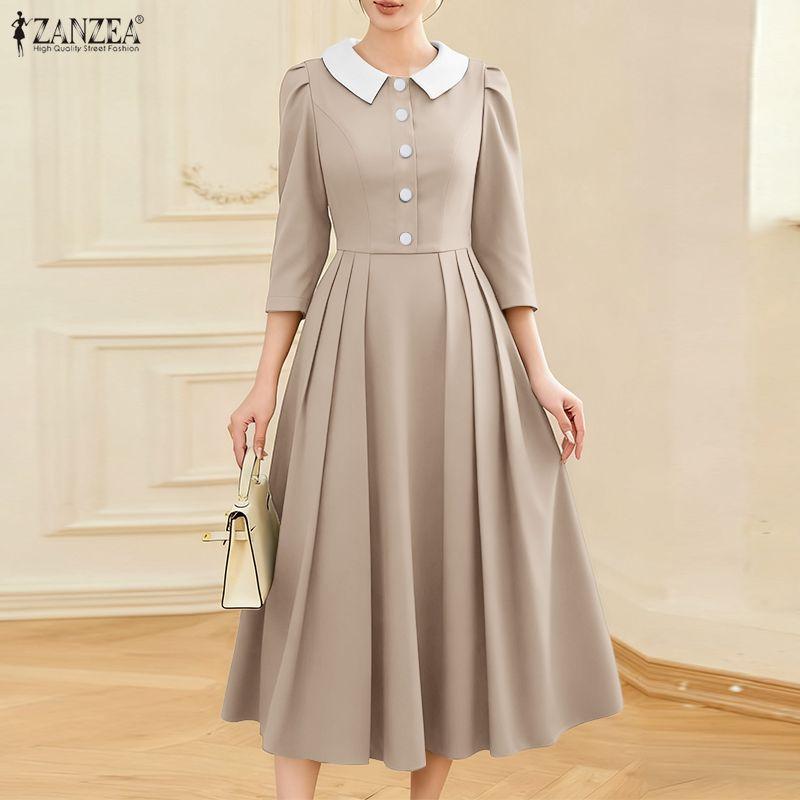ZANZEA Women Casual Splice Doll Collar Loose Long Sleeve Elegant Dress