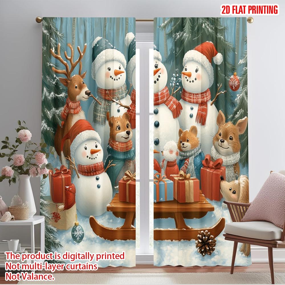 2pcs,2D plane printing Popular Curtain Panels Cute Snowmen Forest Friends Versatile 100% Polyester (without rod) Decorations For