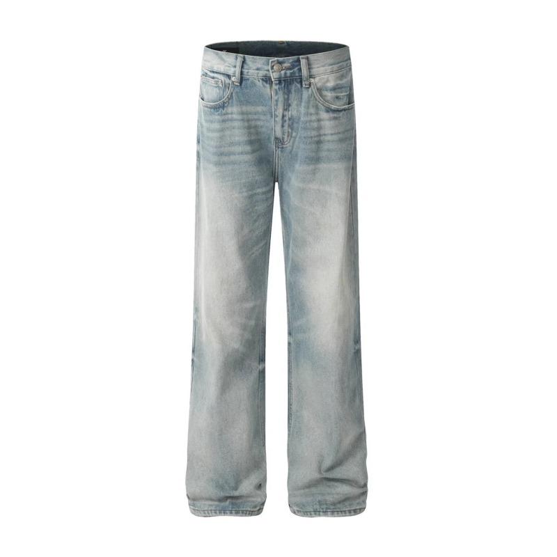 

Fashion American trendy brand retro washed old cat whisker design jeans men s and women s loose straight pants XXL синій