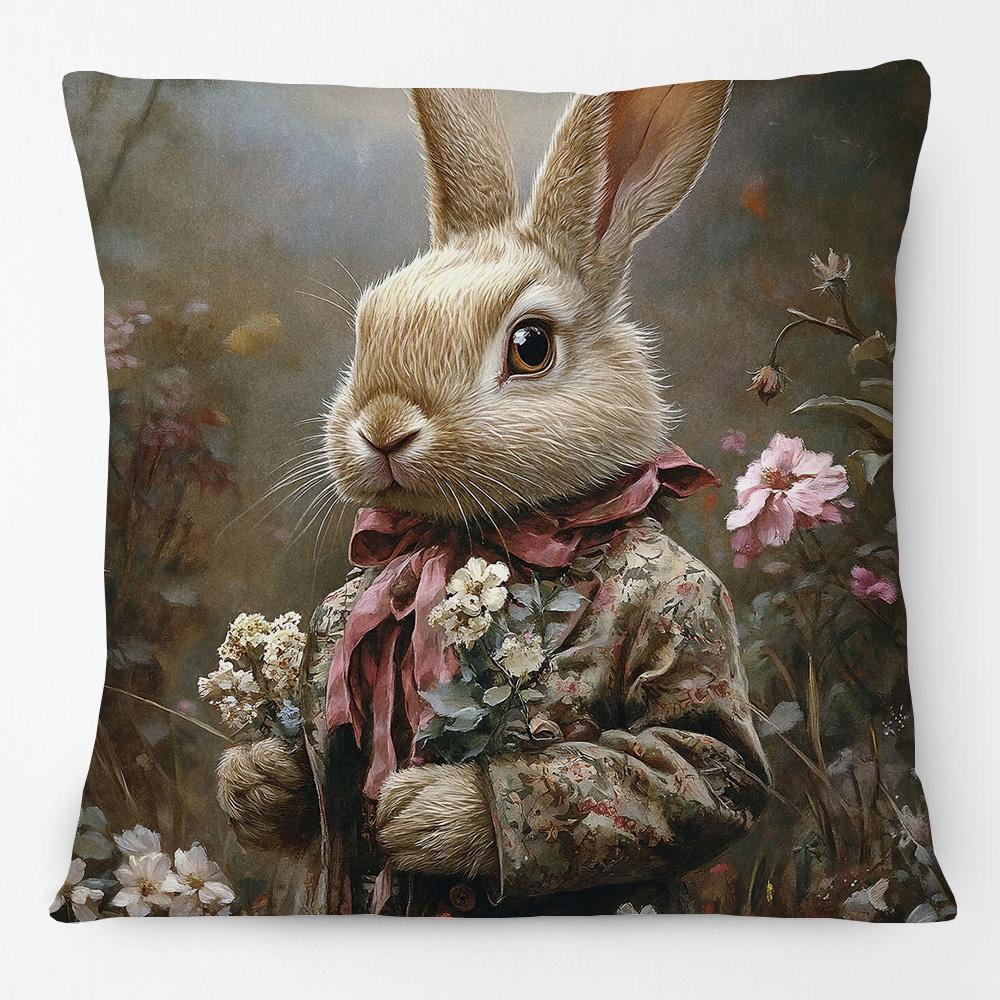 Vintage Easter Girl Cushion Cover Victorian Rabbit Bunny Portrait Print Decorative Pillow Case