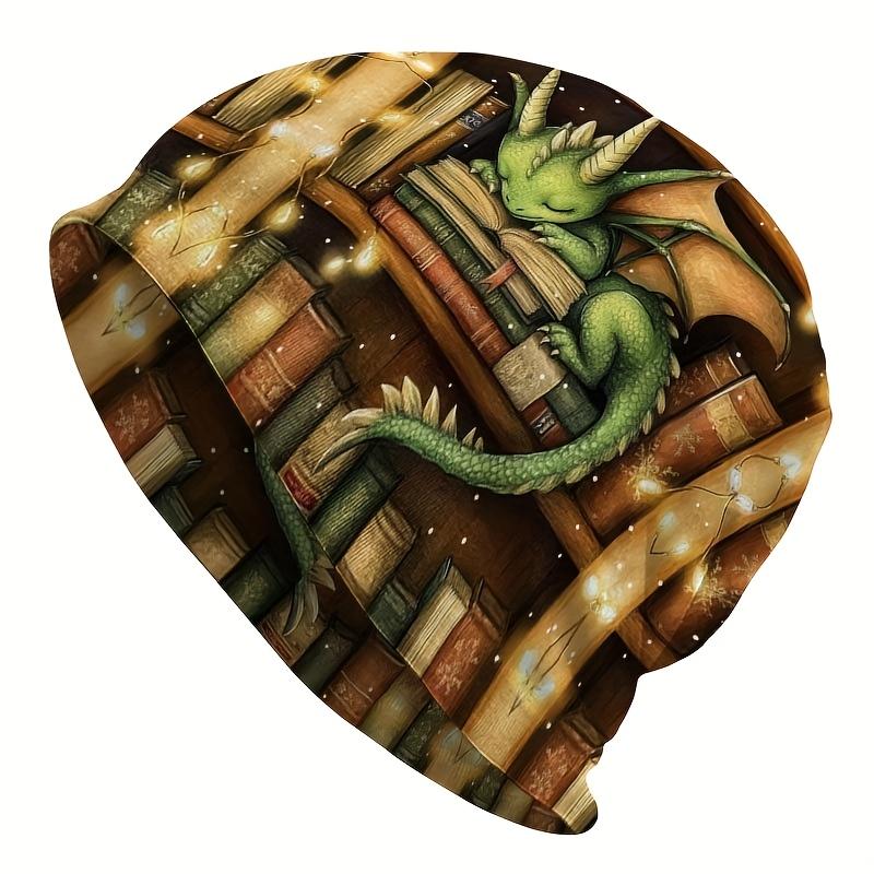 1pc Men's Bohemian Dragon Knit Hat with Green Dragon Reading Book Design, Lightweight Stretch Fit for Christmas/Chinese New Year/Themed Parties, Fanta