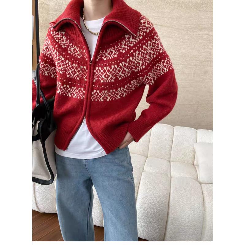 Retro Lazy Style Lapel Elegant Jacquard Ladies Cardigan, Loose Fashion Ladies Zipper Sweater Jacket 7054#