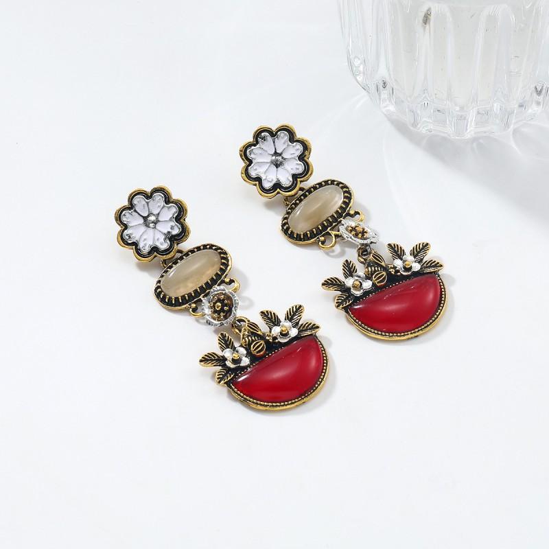 Layered Floral Drop Earrings Women Gold Bohemian Style Zinc Alloy Stainless Steel Studs