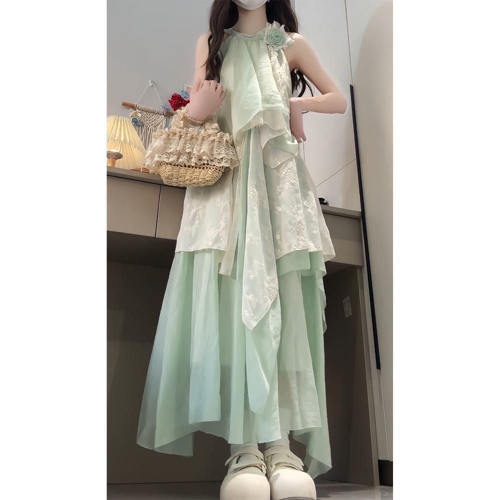 Seaside Vacation Mint Green Sleeveless Neck Dress Irregular Lace Splicing Loose Temperament Long Dress Summer