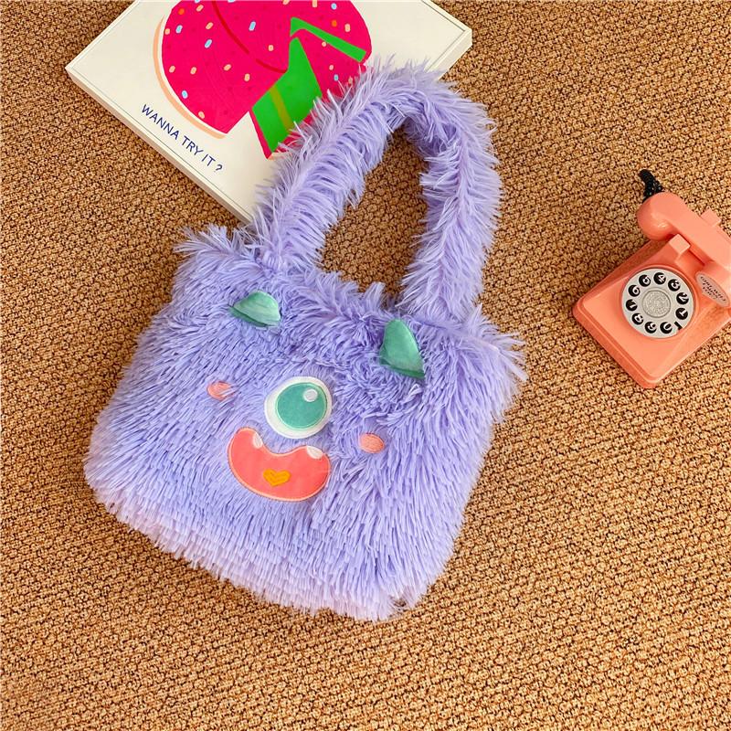 Cute Cartoon Monster Plush Tote Bag With Zipper Closure For Daily Use Student Girls