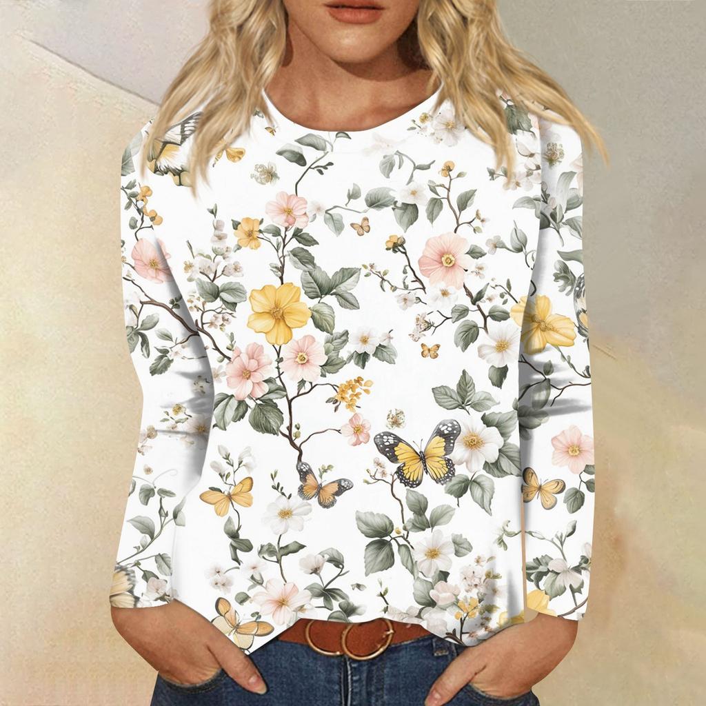 Women's Fashion Casual Long Sleeve  Print Round Neck Top