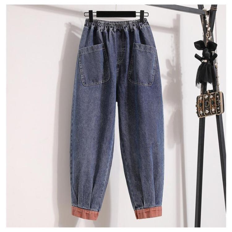 

2024 Новые большие винтажные джинсовые шаровары больших размеров женские джинсы с высокой талией эластичные базовые синие брюки Splice женская мода 5XL L синий