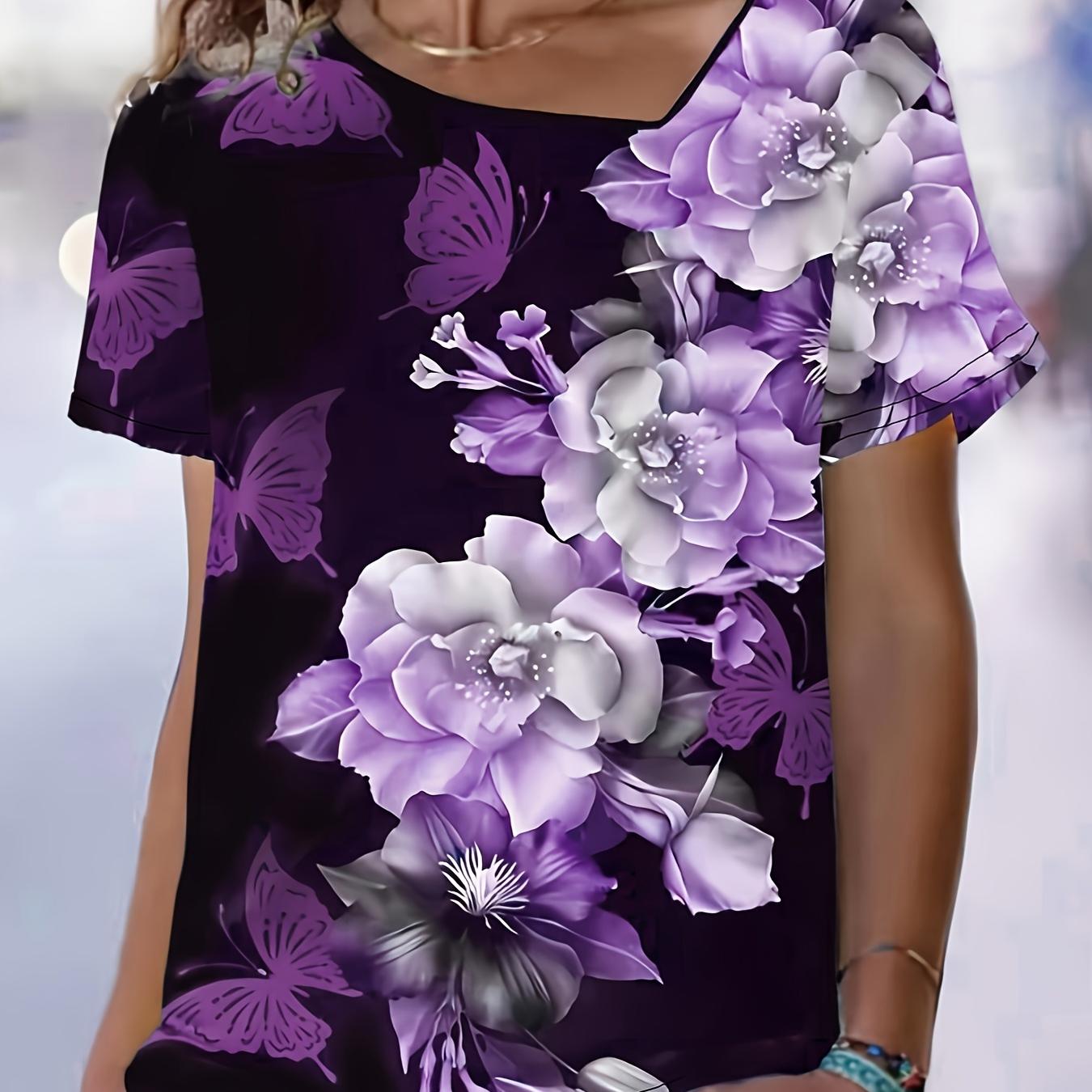 

Повседневный топ больших размеров, женский легкий эластичный топ с короткими рукавами и неровным вырезом с цветочным принтом больших размеров