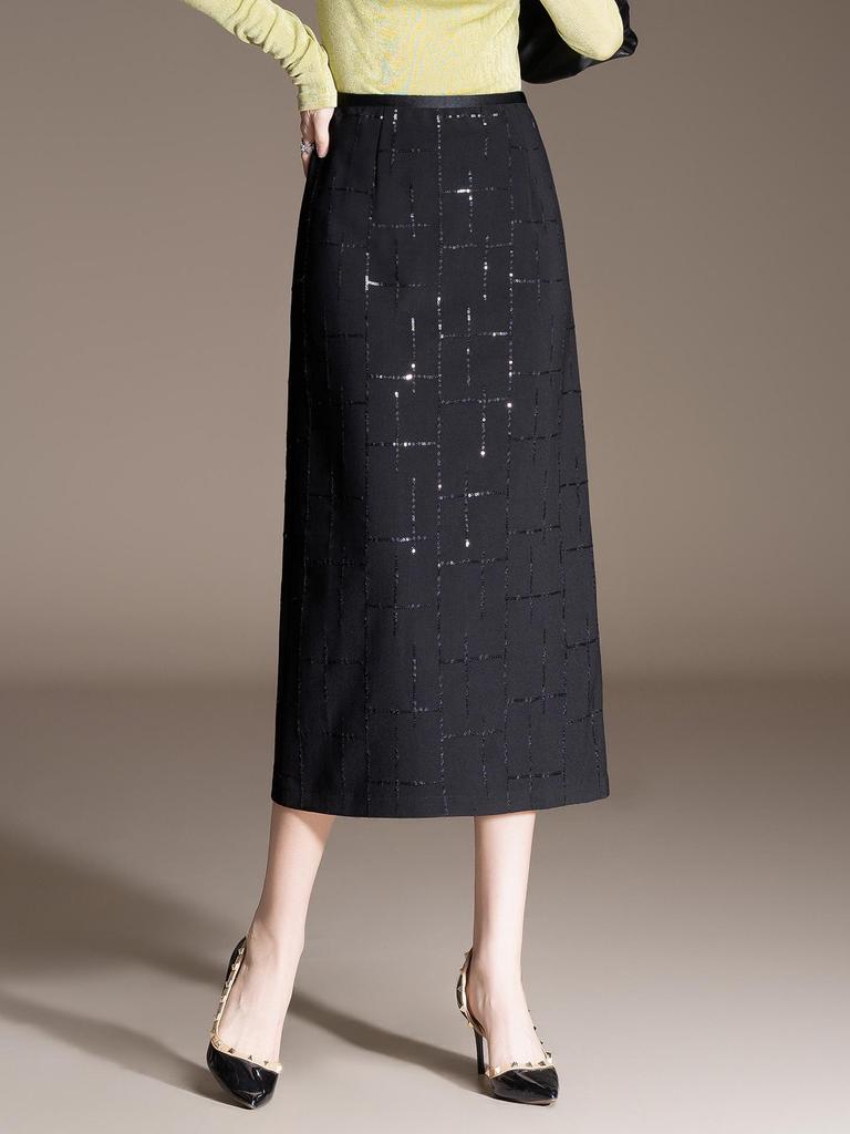 Spring 2026 Black Sequin Slim Bodycon High Waist Midi Pencil Skirt