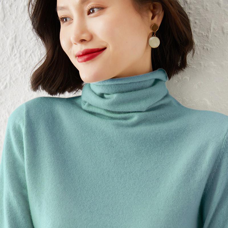 Women's High-Neck Solid Color Woolen Sweater - Slim Fit Knit Pullover for Autumn/Winter