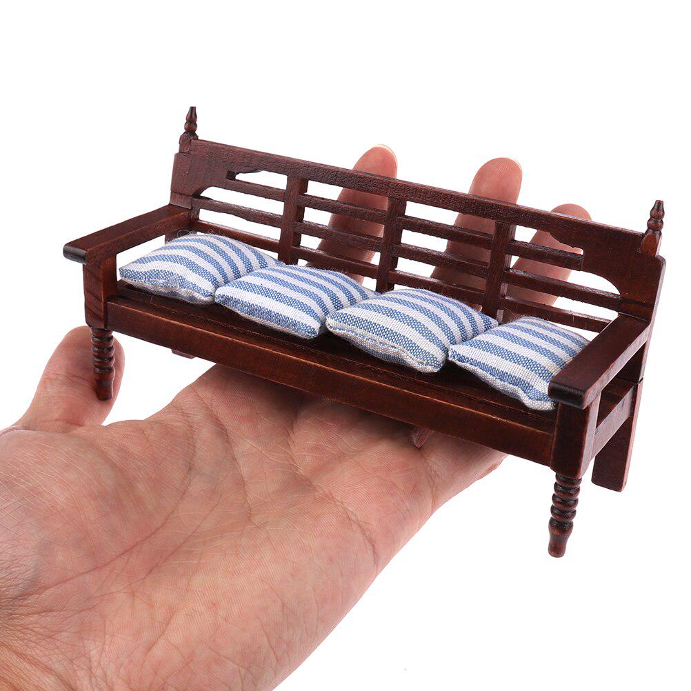 1:12 Miniature Furniture Doll House Wooden Sofa with 4 Pillows For Dolls Children Role Play Toy Dollhouse Miniature Furniture
