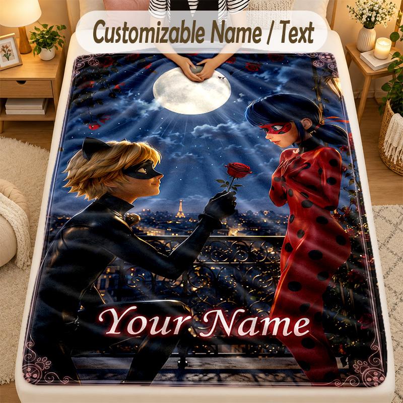 Flannel BlanketMiraculous Ladybug Custom Name Text Personalized Soft Warm Throw Blanket Home Decor Gift