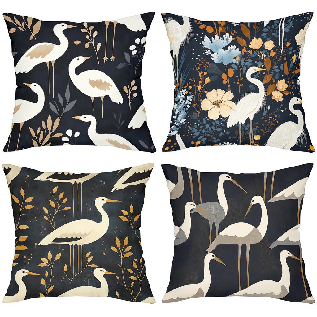 Heron Patterned Cushions With Floral And Leaf Designs Polyester pillowcase, sofa decorative cushion cov Headboard Pillow