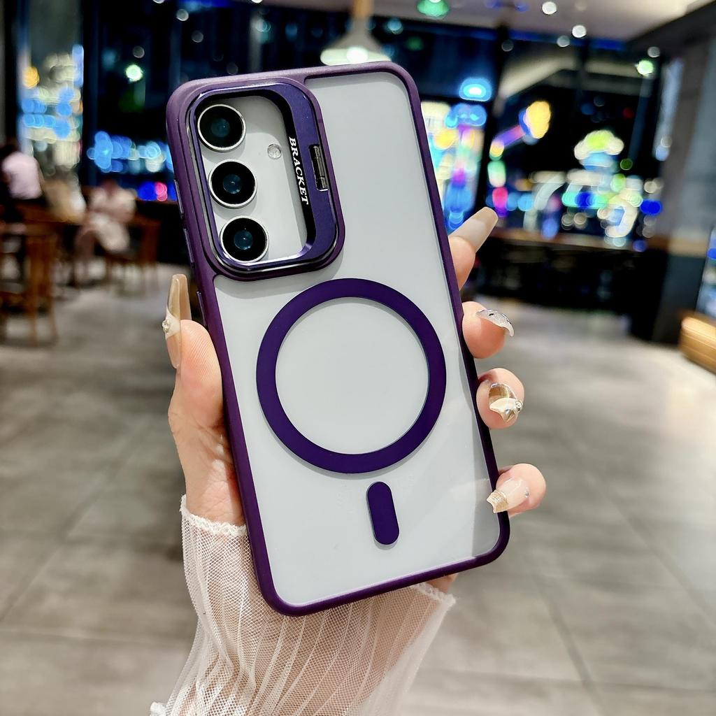 Solid Color Transparent Camera Len Stand Magnetic Charge Bumper Phone Case For Samsung Galaxy S25 Ultra S24 FE S23 Plus Soft Silicone Protection Cover