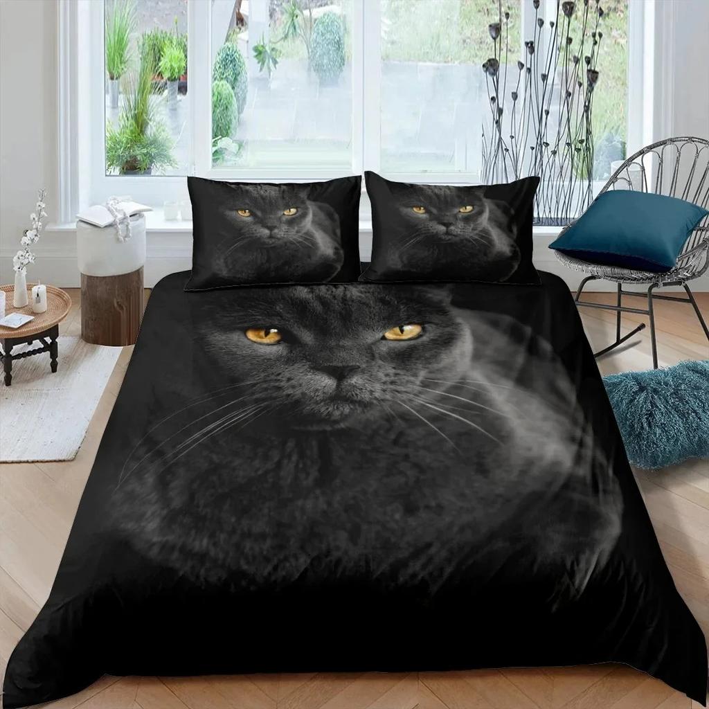 Cat Duvet Cover Queen Size,Cartoon Kitten Sleeping on Crescent Moon Stars Night Dreams Polyester Comforter Cover for Boys