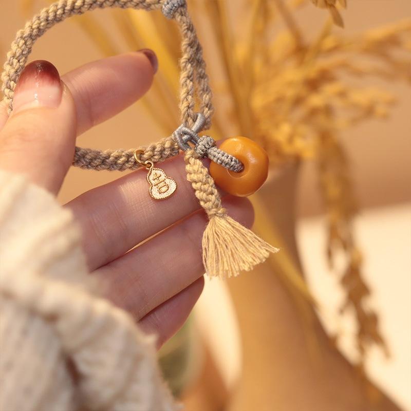 Orange Dream Mountain Old Amber Pendant Tassel Gourd Woven Bracelet Fashionable Elegant Ethnic Style Hand Rope