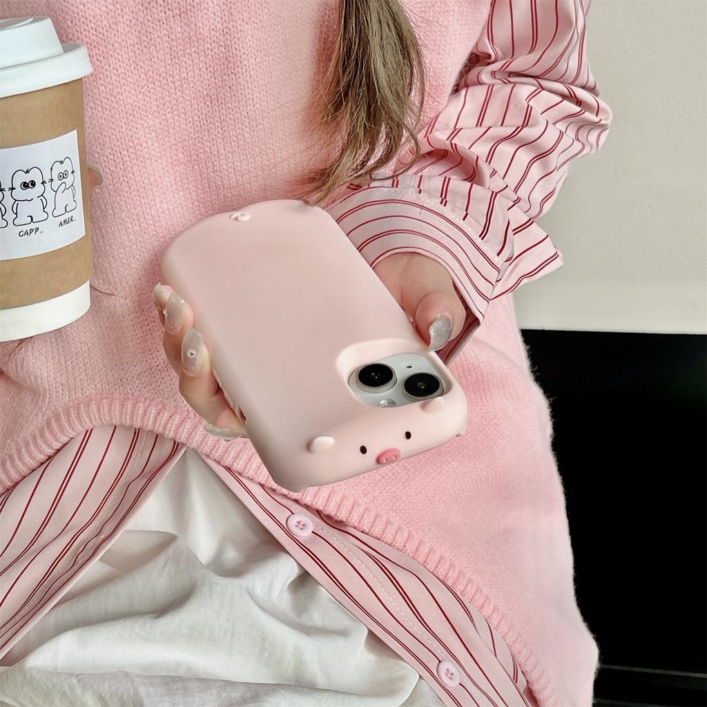 For iPhone 15 Silicone Case Cute Sleeping Pig Design Shockproof Phone Back Cover