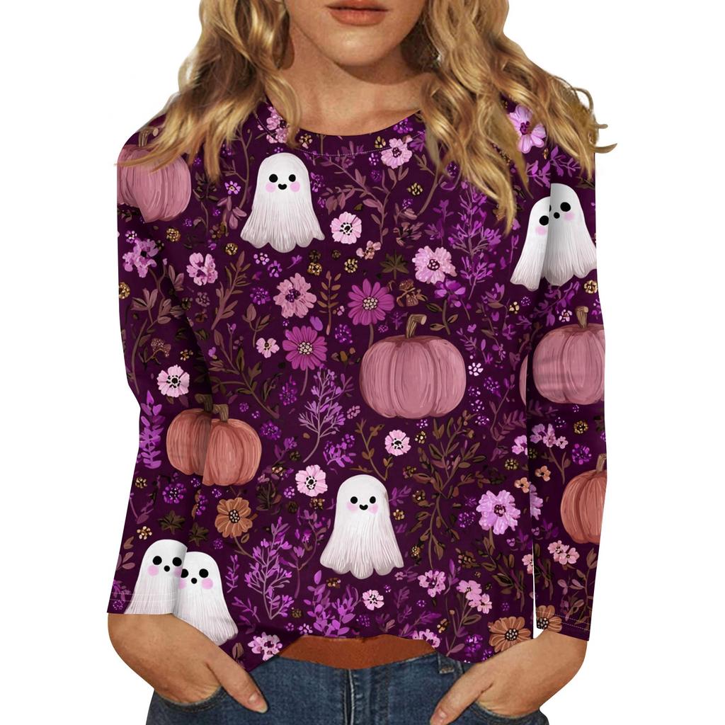 Women's Fashion Casual Halloween Printed Round Neck Long Sleeve Pullover Top
