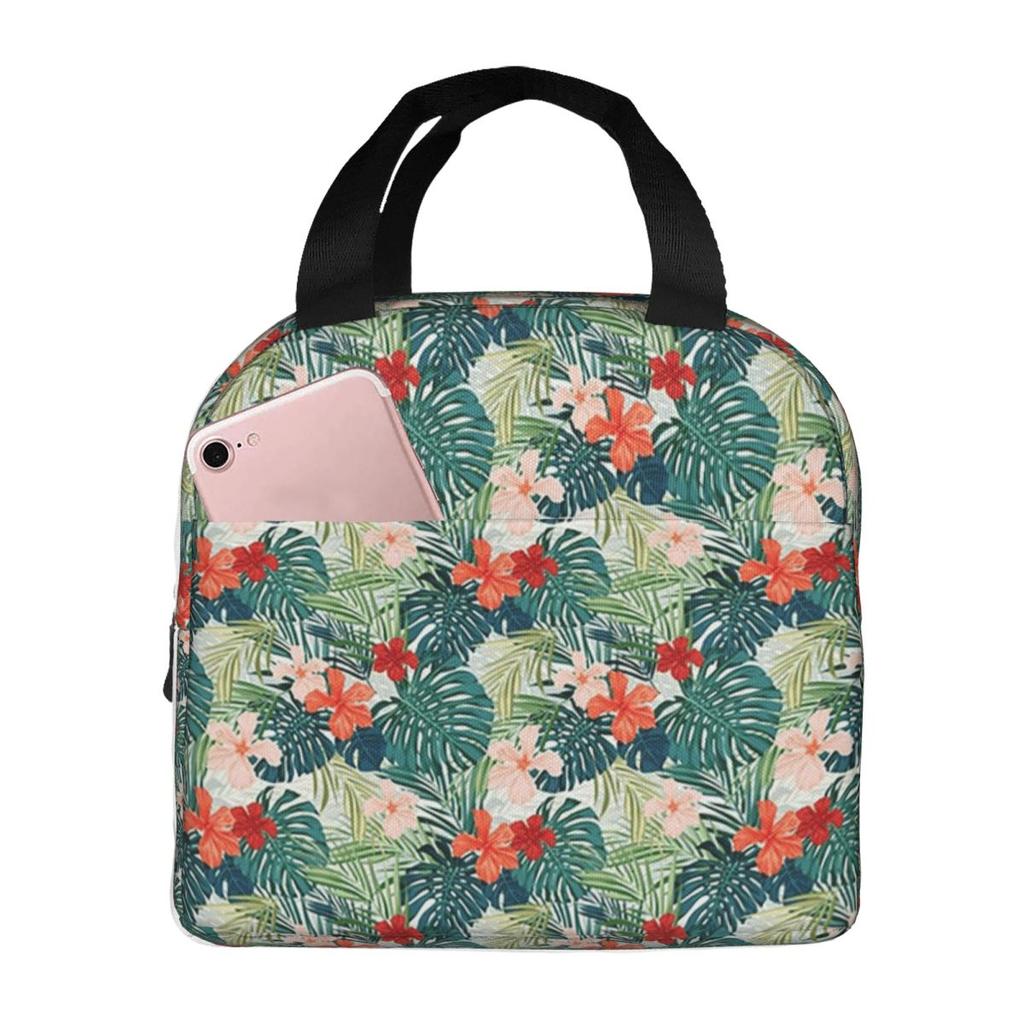Tropical Green Leaves And Flowers Pattern Insulated Lunch Bag for Women Kids Portable Food Boxes Thermal Lunch Box Tote