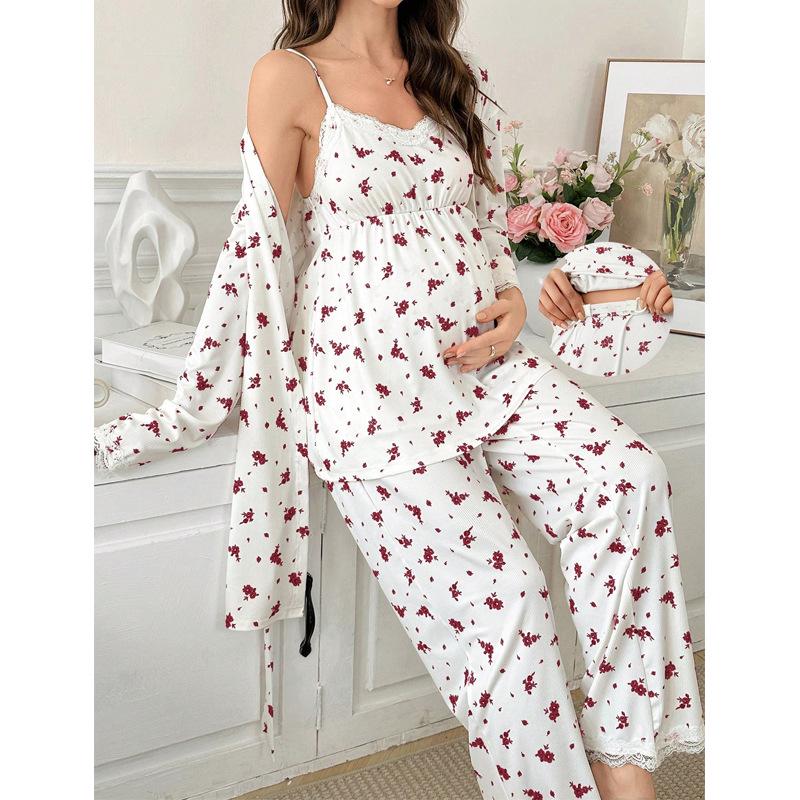 Sweet Floral Maternity Pajamas: European & American Three-Piece Set with Cardigan, Sling Top, and Long Pants for Spring & Autumn