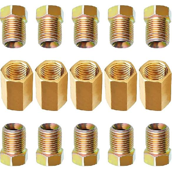 MuHize 1/4 Brake Line Fittings - Upgraded 15 Pieces 7/16 24 Threads Brake Union Fittings Assortment For 1/4” Brake Tube (5 Unions, 10 Nuts)