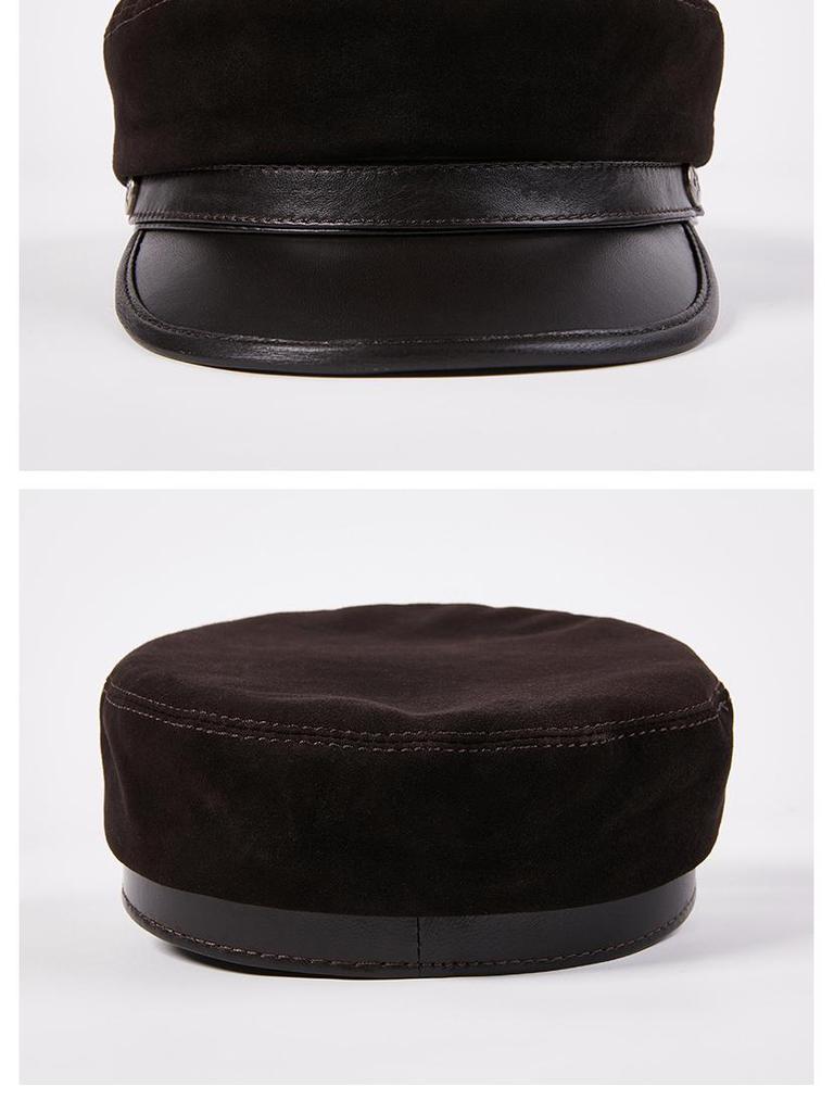 Korean Style Unisex Lambskin Flat Top Hat - Genuine Leather, Trendy, Youth Student Design, Casual, Face-Slimming Look