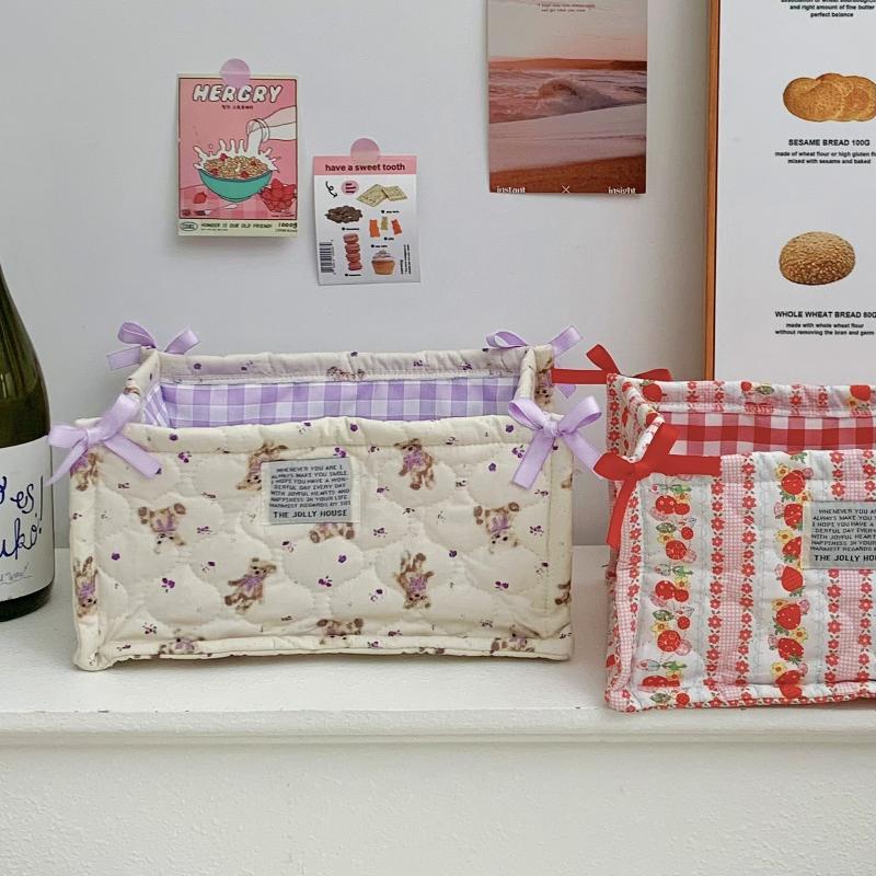 Square Storage Basket Lace Flower Desktop Organizer Storage Basket Korean Quilted Storage Basket Cute Storage Frame Decoration