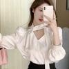 Women's Elegant V-Neck Blouse White Long-Sleeve Puff Sleeve Office Casual Shirts