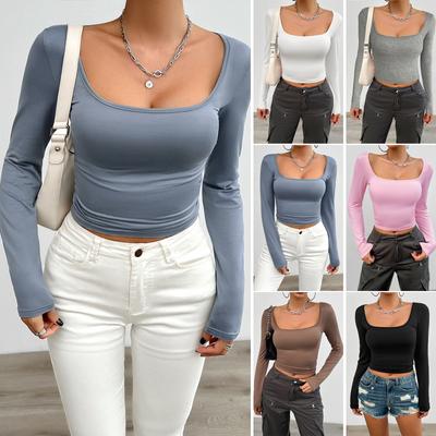 Spring and Summer Slim Solid Color Square Collar Long-sleeved Top