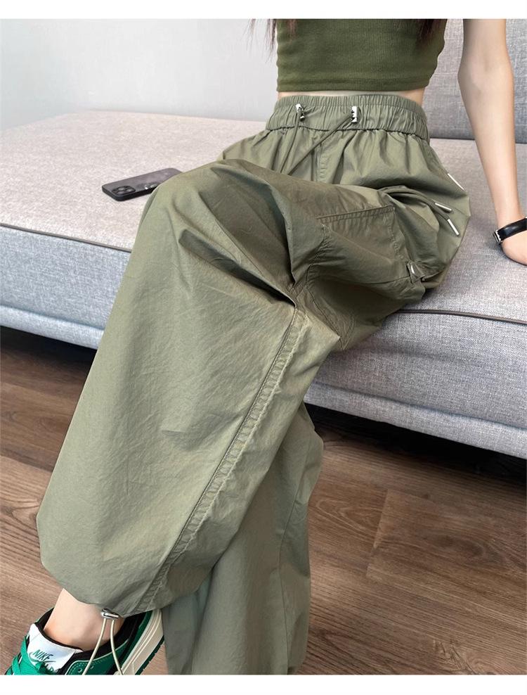 Pantalon cargo pour femme à séchage rapide, taille haute avec cordon de serrage - Vert militaire, Été décontracté, Jambe large style parachute de randonnée
