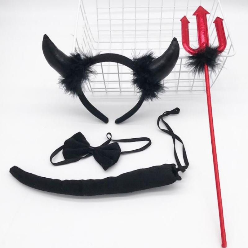 Halloween Devil Costume Kits Including Horn Headband Bowtie Tail Demons Dress Up Outfit Halloween Cosplays Party Props