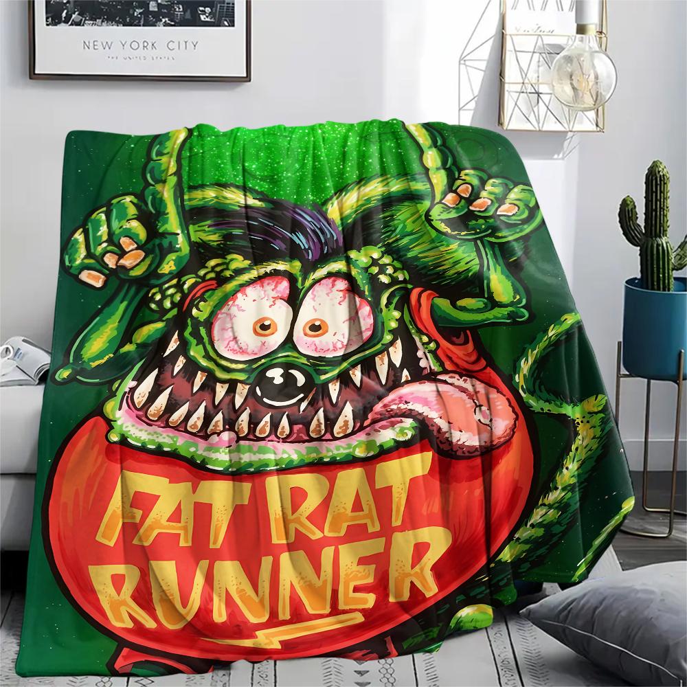 1Pc Rat Fink Print Flannel Blanket, High Quality Comfortable for All Seasons, Home Decor, Warmth and Comfort, Perfect for Christmas Gifts