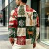 Men's Fall Casual Outdoor Pullover, Long Sleeve Collared Top with Pocket and Christmas Print