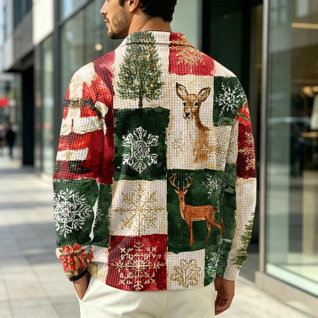 Men's Fall Casual Outdoor Pullover, Long Sleeve Collared Top with Pocket and Christmas Print