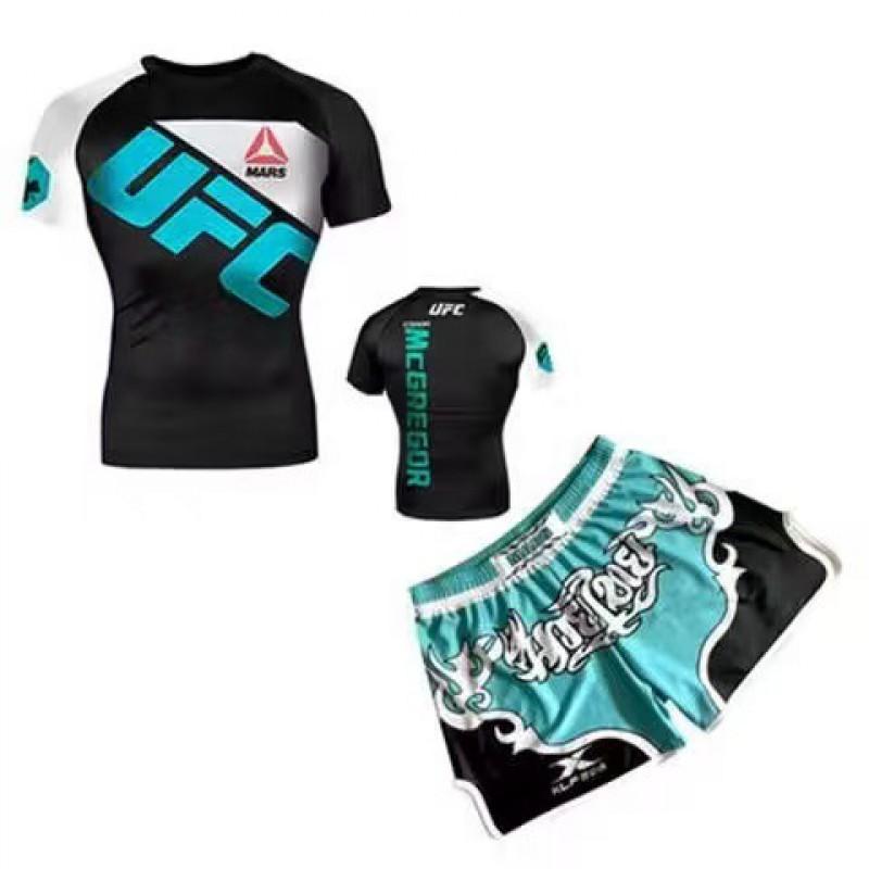 Herren Kompressions MMA Boxen Trainingsset Kurzarm Rash Guard Shorts Kampfsport Fitness