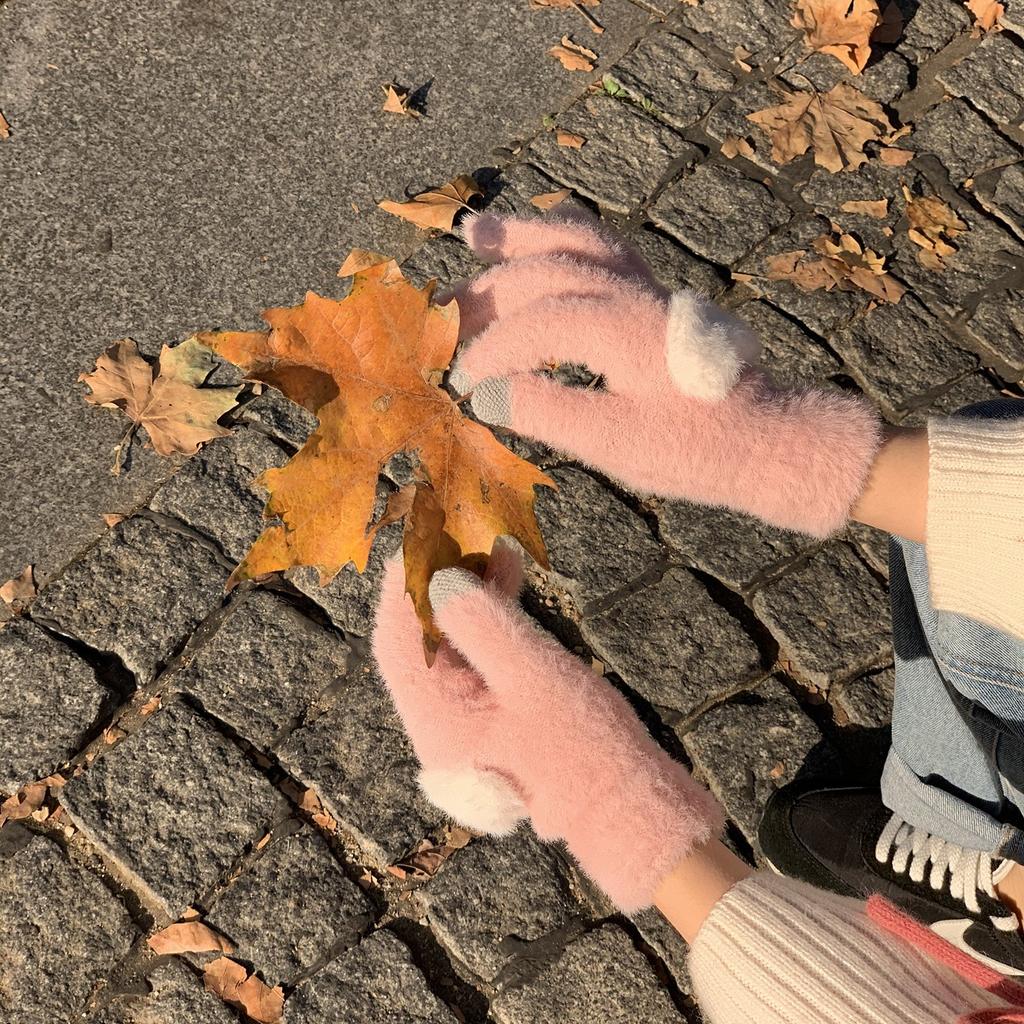 Plus Velvet Warm Touch Screen Gloves for Sweet Girls Korean Style Cute Knitted Wool Split Finger Cycling for Cold Proof Students