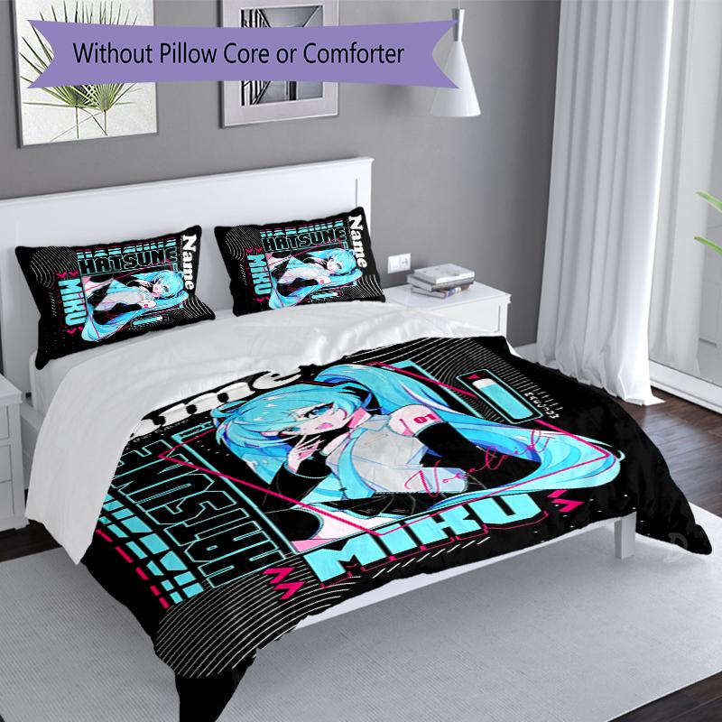 3pcs Custom Name Hatsune Miku Set,Includes 1 Duvet Cover and 2 Pillowcases,All-season Bedroom Decor