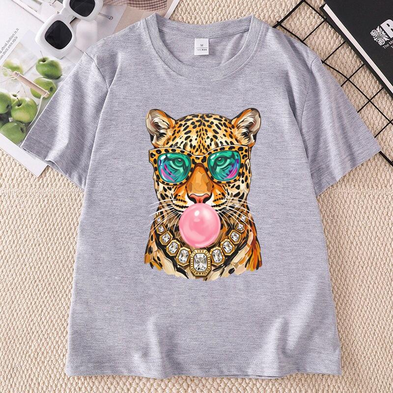 Trendy Leopard T Shirt Bubblegum Sunglasses Big Cat Graphic T Shirts Retro Animal Printed Tshirt Cotton Short Sleeve Tops