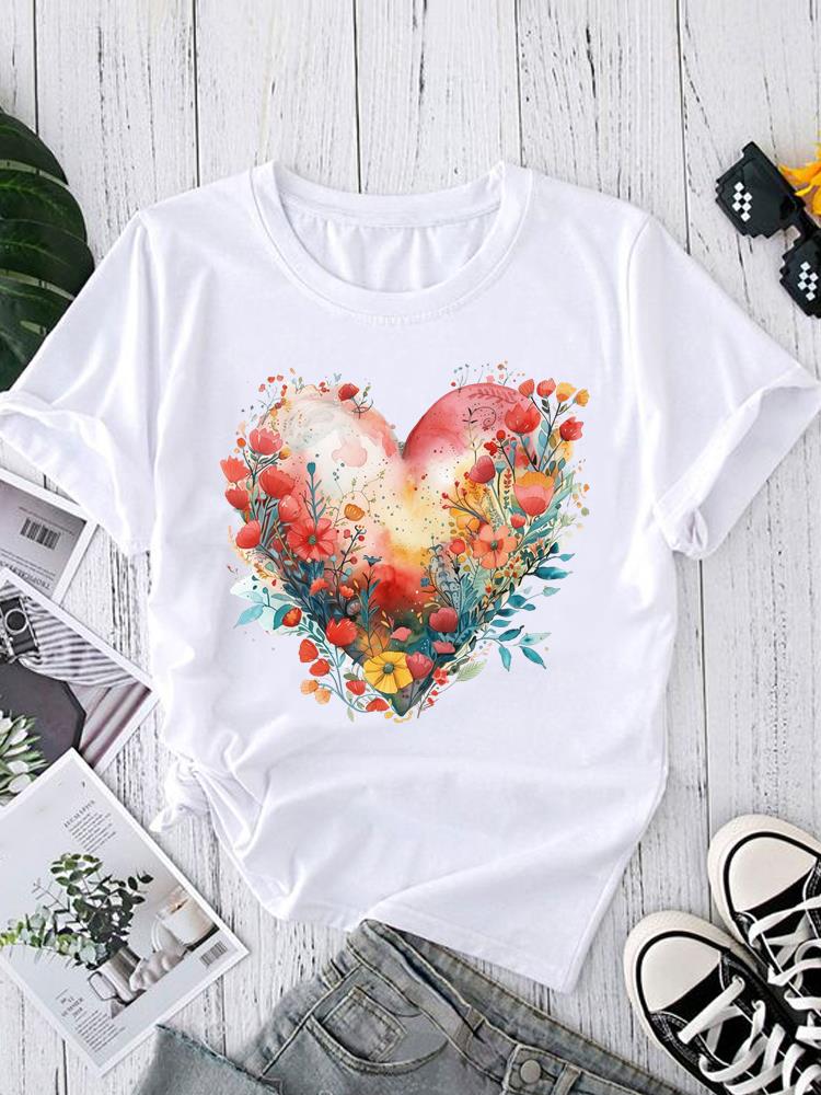 (Asian Size) Short Sleeve T-shirts O-neck Casual Clothing Fashion Female watercolor love heart Women's Top T shirt Printed Graphic Tee