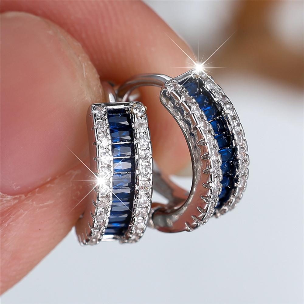 Cute Female White Blue Zircon Stone Round Hoop Earrings Fashion Female Silver Color Wedding Jewelry For Women