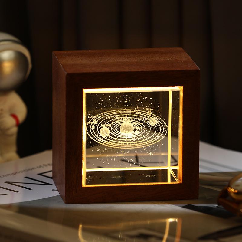 3D Galaxy Crystal Cube Night Light with Wooden Base - Illuminated Desktop Ornament, Perfect Birthday Gift