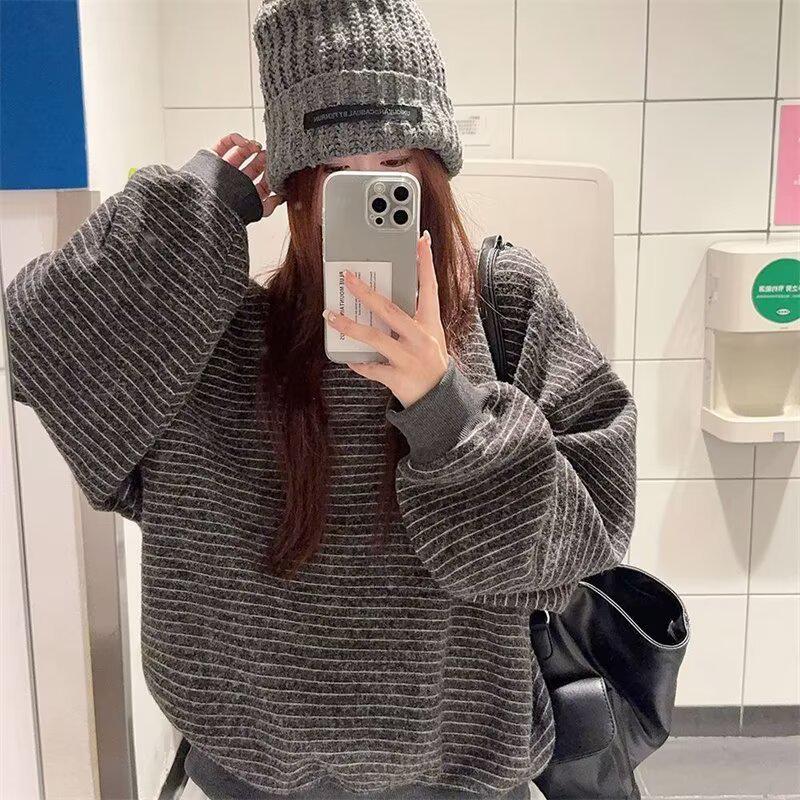 Unisex Striped Round Neck Long Sleeve Slimming Hoodie - 2025 Casual Loose Fit Top L