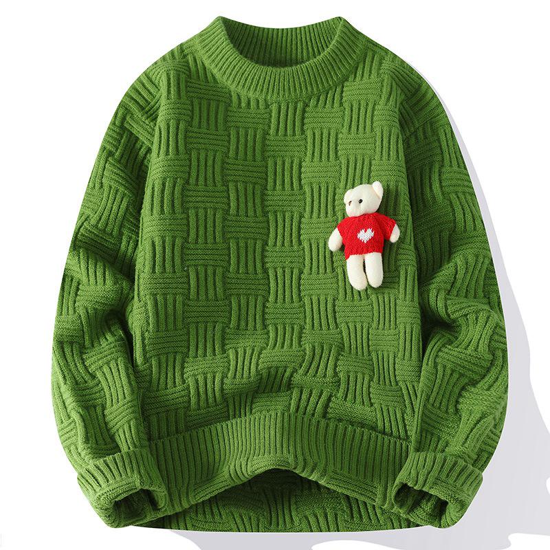 "2024 Men's Red Zodiac Bear Sweater: Autumn/Winter Round Neck with Coarse Twists"