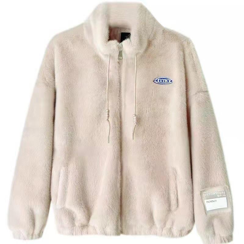 Women's Mid-Length Faux Mink Fur Plush Coat - Stand Collar, Winter Korean Style, Loose Fit.