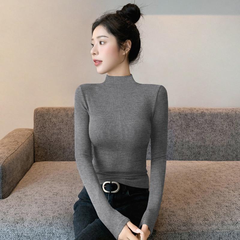Black Semi-turtleneck Threaded Bottoming Shirt Women's New Slim-fitting and Thin Long-sleeved Shirt Women's Top